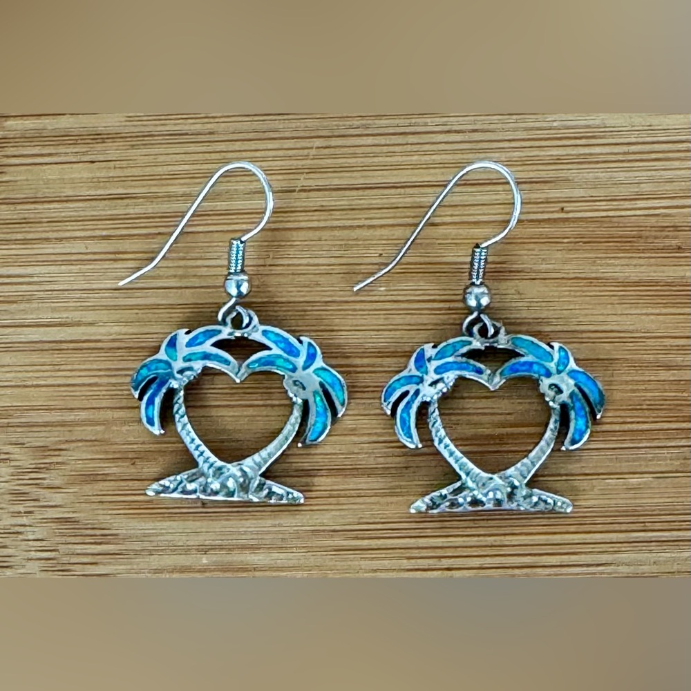 925 Sterling Silver Blue Opal Heart/Palm Tree Shape Dangle Earrings French Wire - Picture 9 of 10